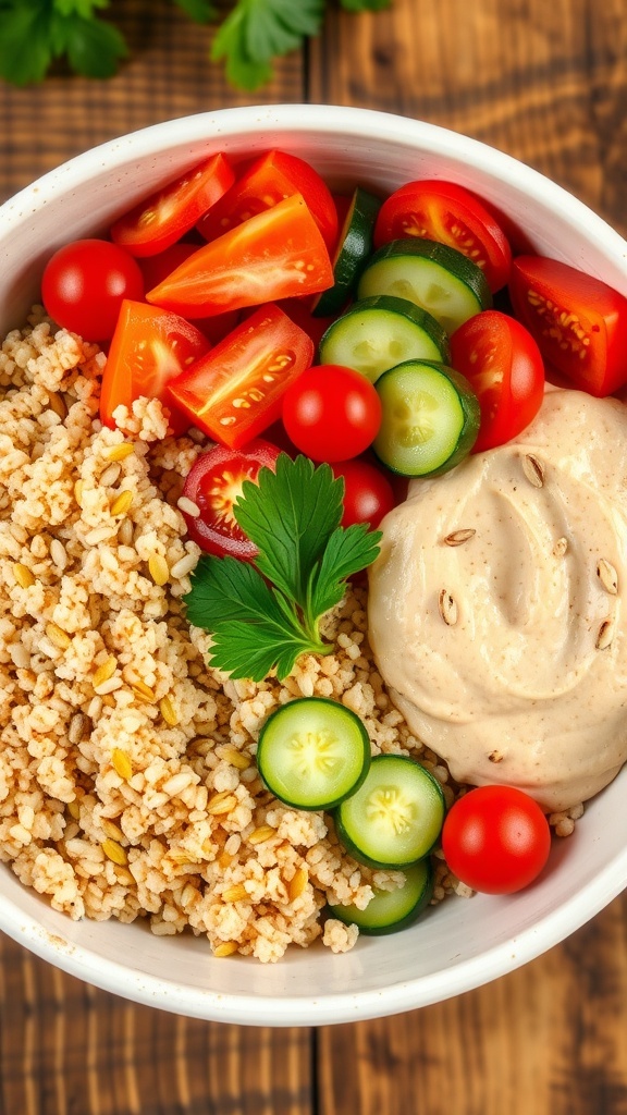 A nutritious quinoa and hummus bowl with fresh vegetables, seeds, and parsley on a wooden table.